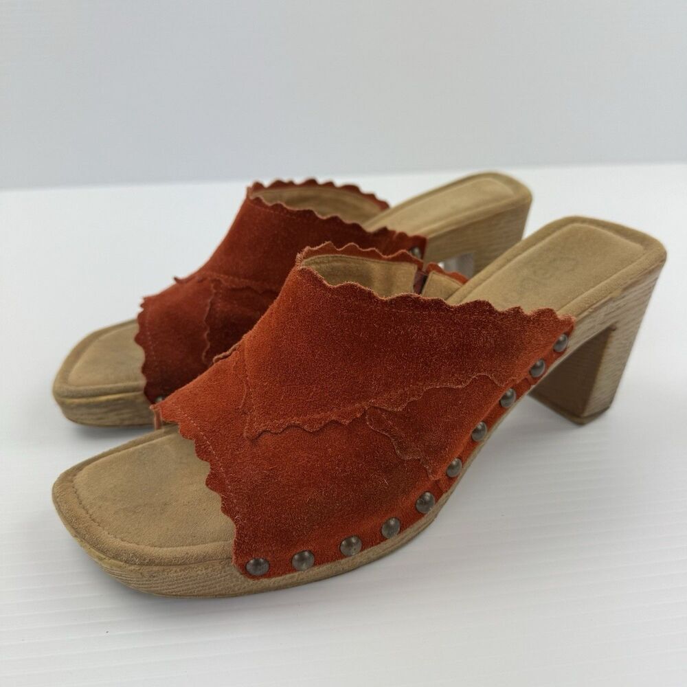 Gabor Suede Clog Mule Heels 8.5 Orange Rust Boho Scallop